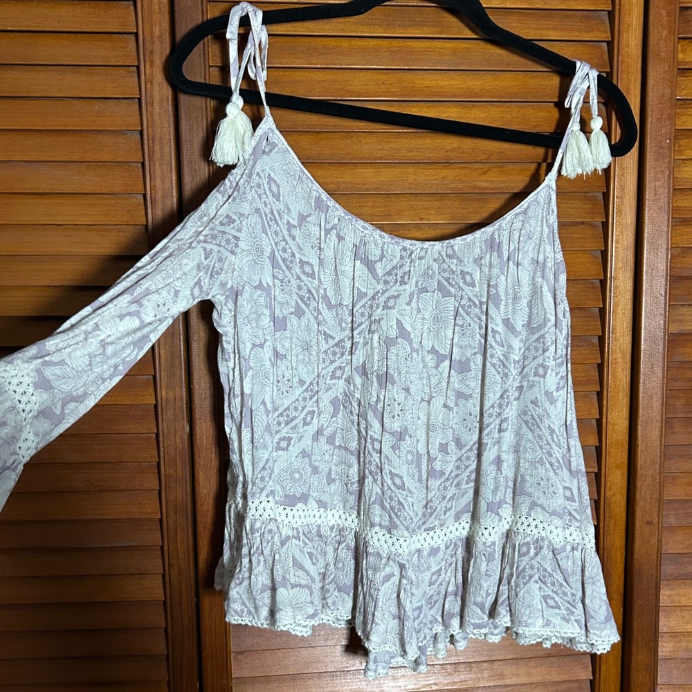 Dex Womens Cold Shoulder Boho Top Lavender Floral Lace Bell Sleeve Tassel Large - Picture 4 of 5